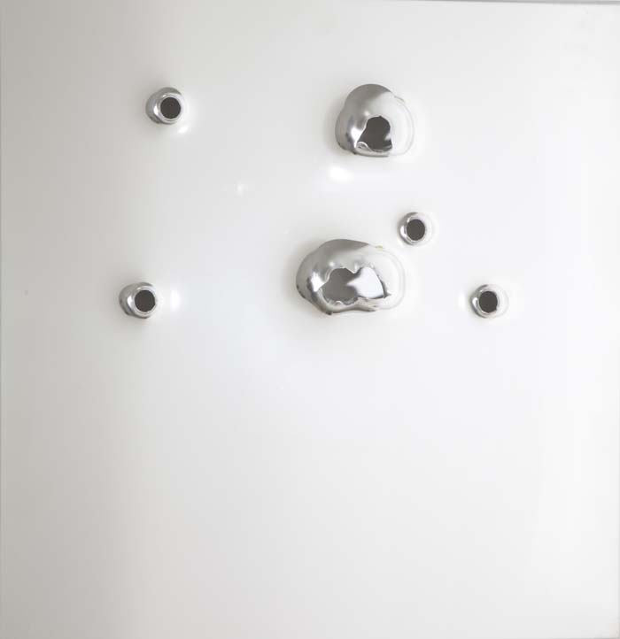 I'll Be Your Mirror 2, 2011, Mirror polished stainless steel with gunshots, 18x18in